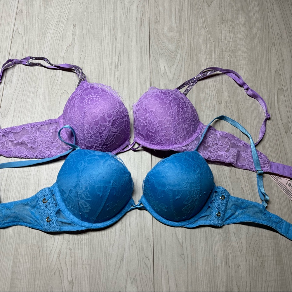 Lace Underwire Bra Set - Purple and Blue